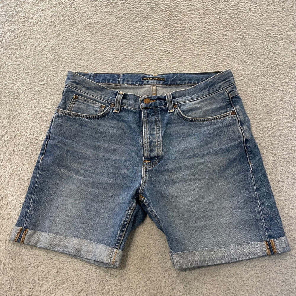 Nudie Jeans Josh Denim Shorts Mens 36x6.5 (Tag 32) Blue Button Fly Cuffed Jorts